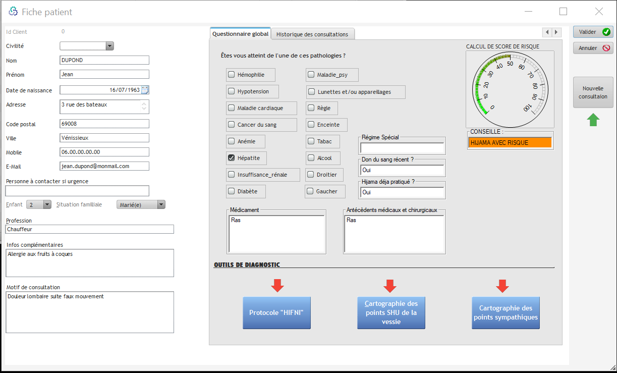 Interface de création de dossier patient